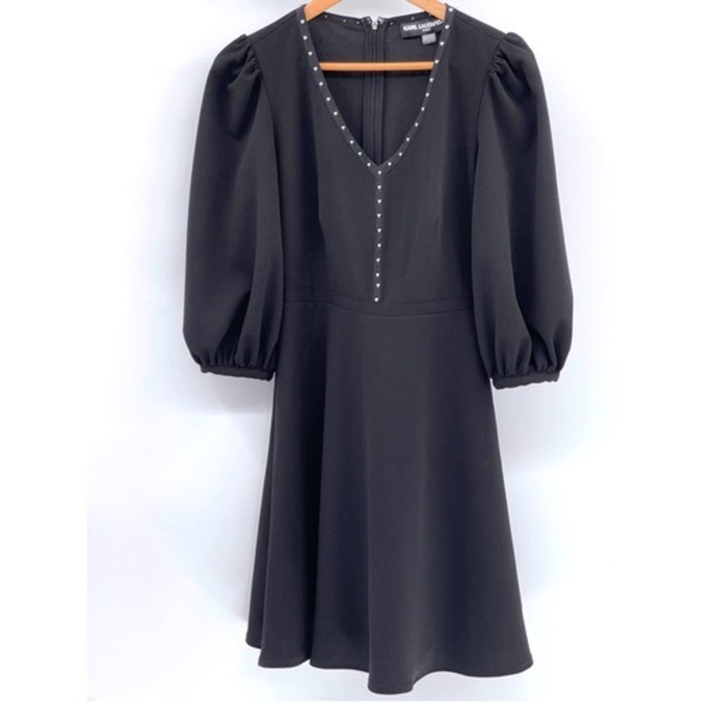 Karl Lagerfeld Dress Women 2 Black Balloon 3/4 Sleeve V Neck Quiet Luxury